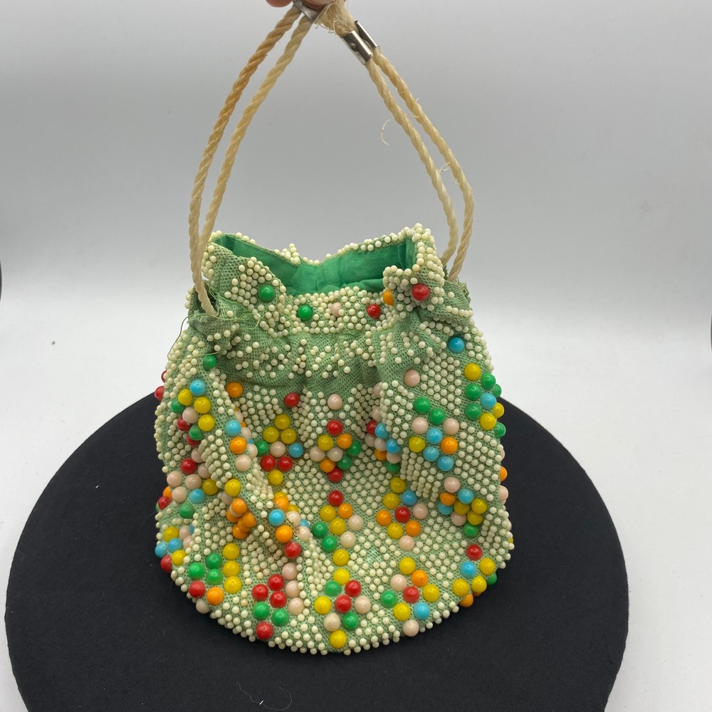 Vintage Green Beaded Pouch Bag Boho Kitsch Retro Multi Colored Beads Rainbow